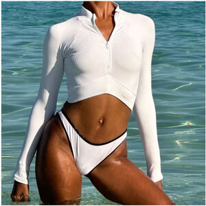 New Joja Exhale Long Sleeve Seamless Luna White Half-Zip Crop Top V-Shape Sz XS